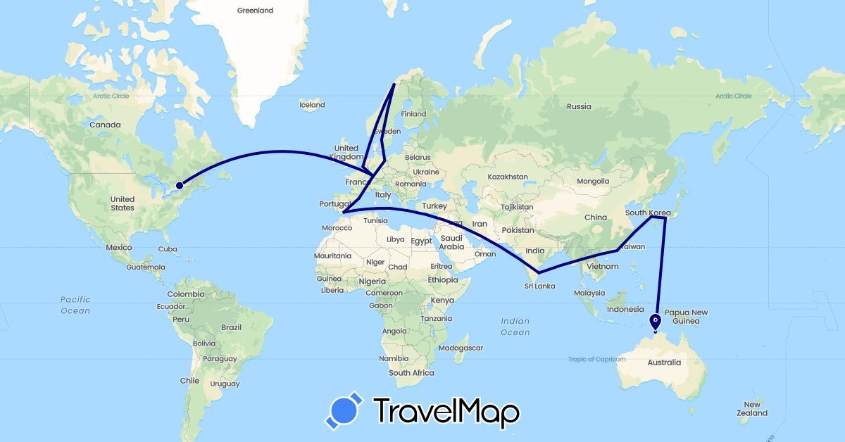 TravelMap itinerary: driving in Australia, Belgium, Canada, Germany, Spain, France, United Kingdom, Hong Kong, India, Italy, Japan, South Korea, Norway, Sweden, Thailand (Asia, Europe, North America, Oceania)